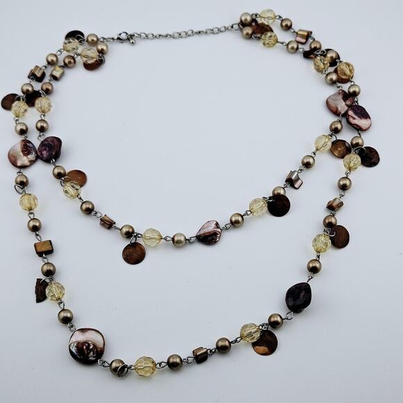 Stone And Shell Beaded Chain Link Necklace Brown Tan Natural Boho Beach 2-Strand - Picture 5 of 5